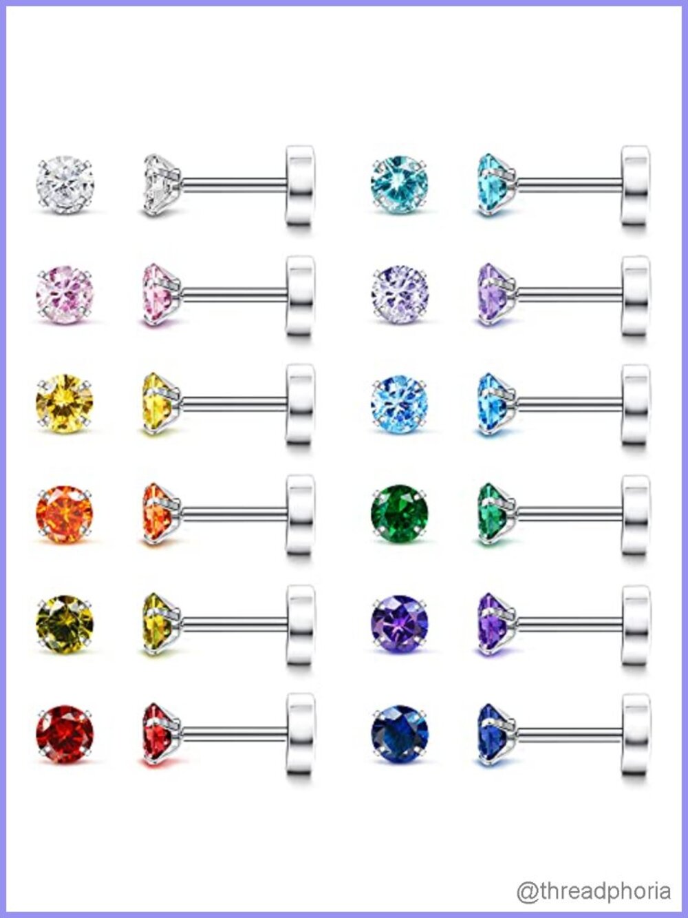 12 Pairs Hypoallergenic Flat Back Stud Earrings 20G Stainless Steel